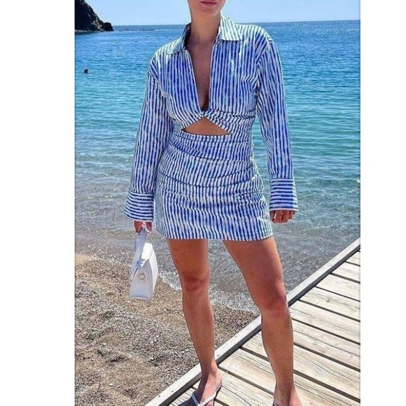 NWT Zara Blue & White Striped Linen Blend Cutout Midriff Twist Mini Dress - XS - Picture 5 of 16